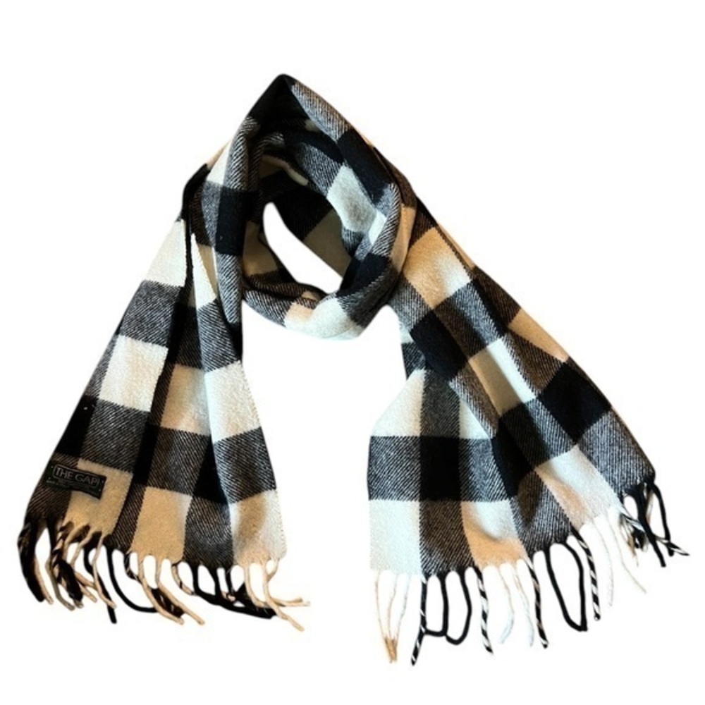 THE GAP vintage black & cream Buffalo check / plaid 100% lambswool scarf, Italy